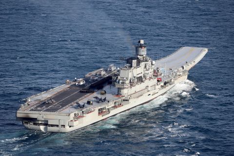 The Russian aircraft carrier Admiral Kuznetsov moves off the UK coast on January 25.