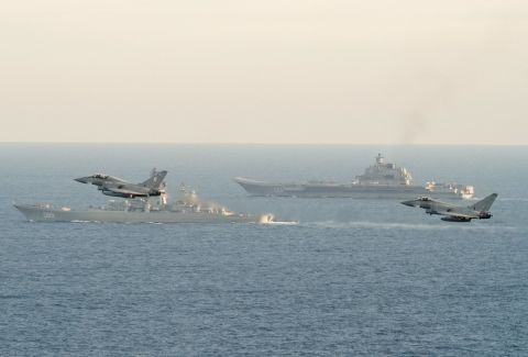 RAF Typhoon fighters fly near the Russian aircraft carrier on January 25. 