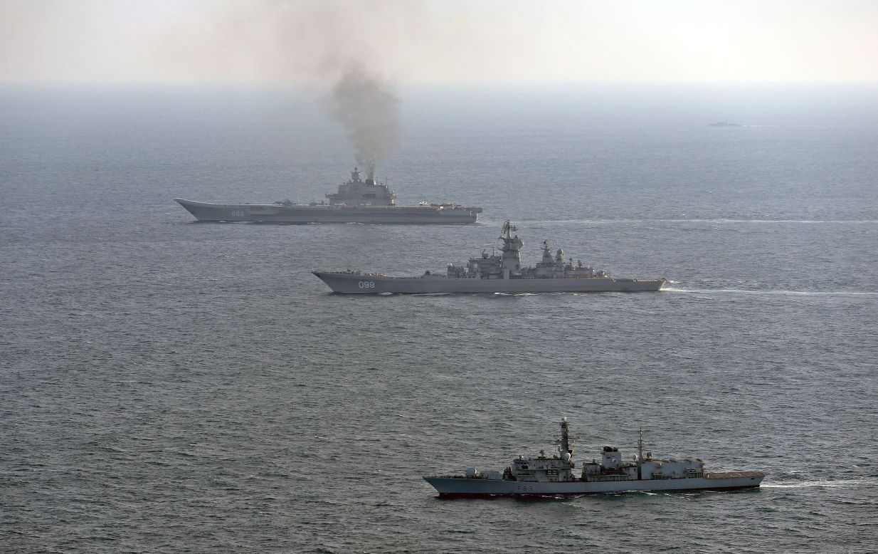 The Royal Navy frigate HMS St. Albans shadows the Russian aircraft carrier and a guided missile cruiser off the British coast on January 25.