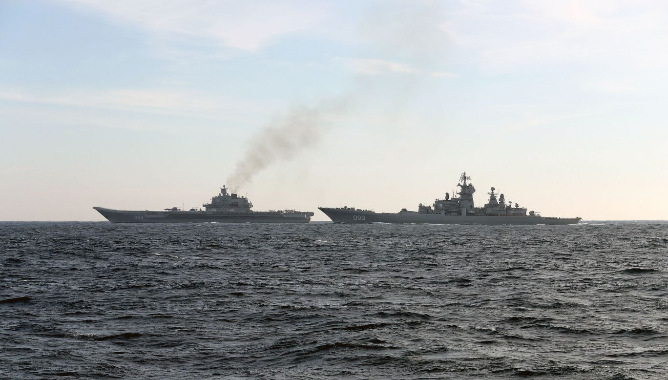 The Petr Velikiy and  Admiral Kuznetsov move through the English Channel on January 25 on their return to Russia.