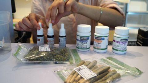 Vials of medicinal cannabis drops and other items for sale at a dispensary in Tel Aviv, Israel.