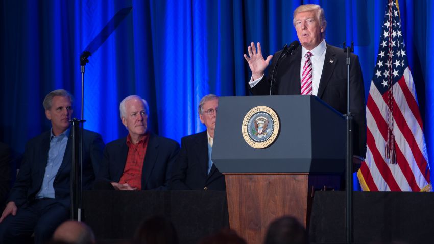 US President Donald Trump addresses a Republican retreat in Philadelphia on January 26, 2017.
US President Donald Trump said Thursday that talks with his Mexican counterpart Enrique Pena Nieto -- now called off -- would have been "fruitless" if Mexico is unwilling to pay for a wall along the countries' common border. / AFP / NICHOLAS KAMM (Photo credit should read NICHOLAS KAMM/AFP/Getty Images)