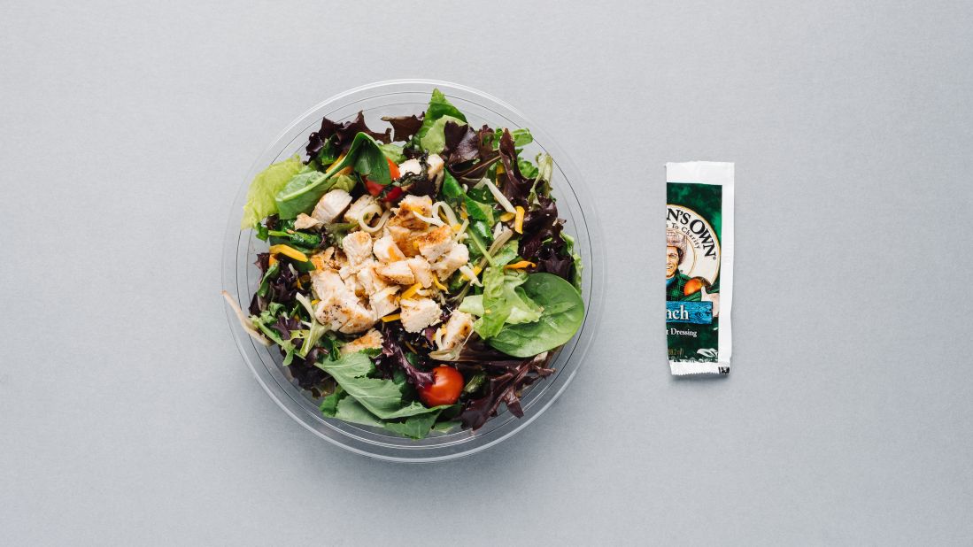 To stay low-cal at McDonald's, order the bacon ranch grilled chicken salad and omit the bacon to lower the calories (from 320 to 230) and sodium (from 1,090 milligrams to 730 milligrams). Use only half the packet of ranch dressing to bring the salad total to 330 calories. 