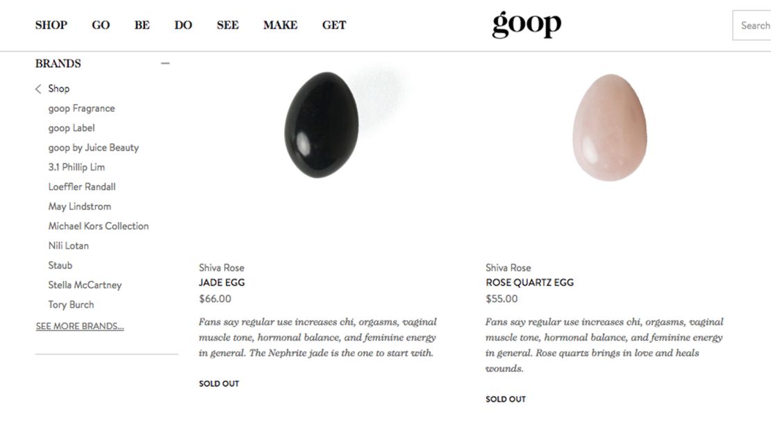 The site Goop offered jade and rose quartz eggs for sale, though both were shown as sold out. 