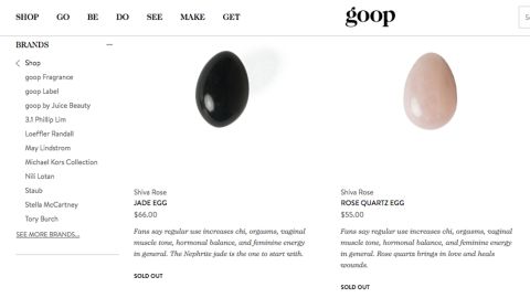 The site Goop offered jade and rose quartz eggs for sale, though both were shown as sold out. 