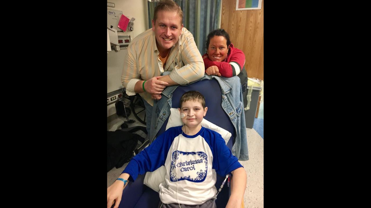 December<strong> </strong>2016:  Spencer with his parents Ken and Liz Kolman at St. Louis Children's Hospital a few weeks after his transplant.