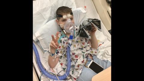 November 2016:  Spencer in the ICU before his transplant. To pass the time, his dad gave him a giant set of the LEGO Star Wars edition to put together, his son's favorite movie series. When this photo was posted on Spencer's Facebook page, many others began sending LEGO sets to the hospital.
