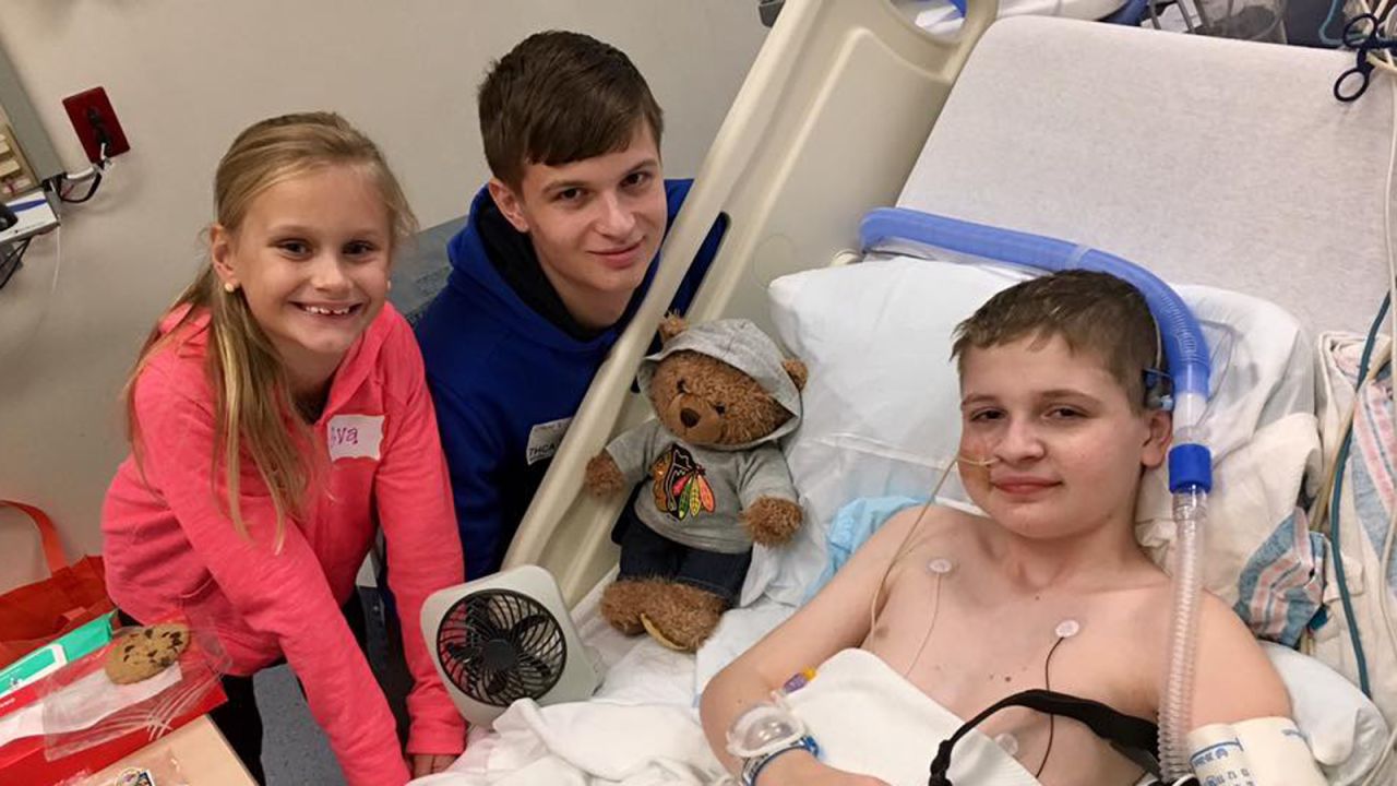 November 2016.  Spencer at St. Louis Children's Hospital awaiting his transplant with brother Zach Kolman, 16, and sister Evangeline Kolman, 7.