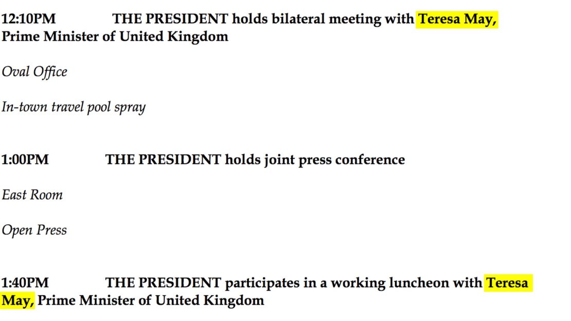 An emailed schedule of events from the White House leaves out the "h" in Theresa May's first name.