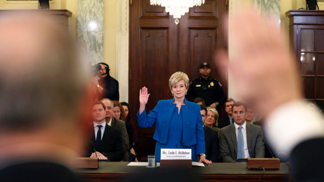 Linda McMahon, former CEO of World Wrestling Entertainment, is sworn in during her Senate confirmation hearing on Tuesday, January 24. She has been <a href="http://www.cnn.com/2016/12/07/politics/linda-mcmahon-picked-to-be-small-business-administrator/" target="_blank">chosen by Trump</a> to lead the Small Business Administration. 
