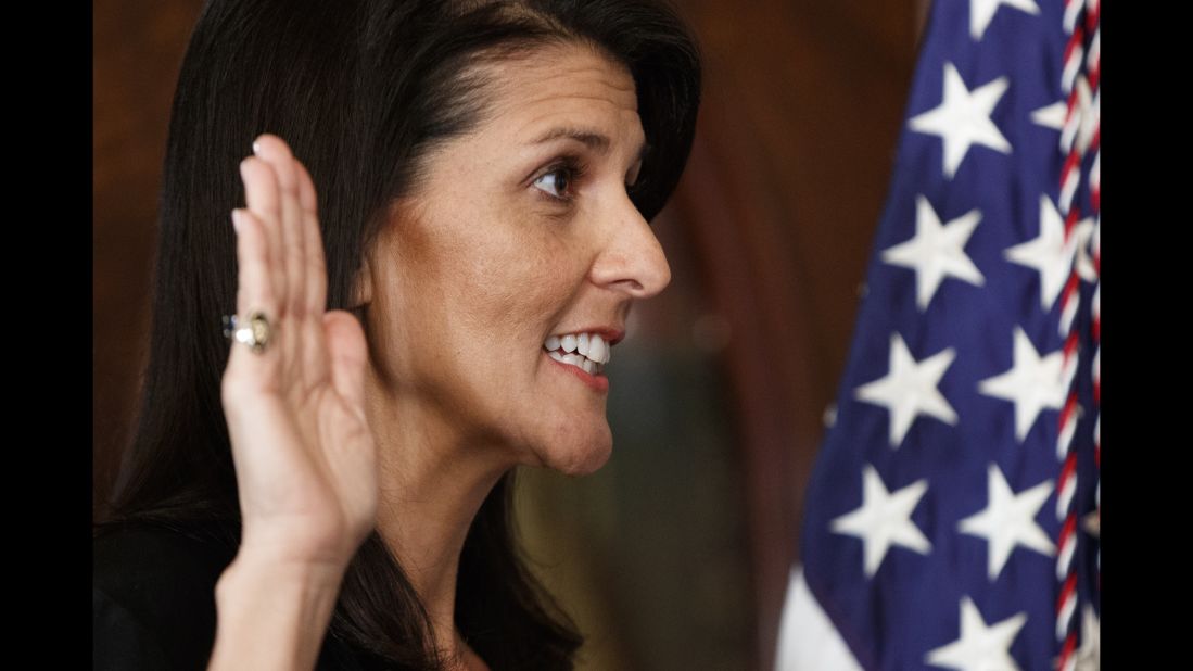 South Carolina Gov. Nikki Haley takes the oath of office as she becomes the US Ambassador to the United Nations on Wednesday, January 25. <a href="http://www.cnn.com/2017/01/24/politics/nikki-haley-confirmation-vote-un-ambassador/" target="_blank">She was approved</a> with wide bipartisan support, 96-4. <a href="http://www.cnn.com/2017/01/10/politics/gallery/trump-cabinet-confirmation-hearings/index.html" target="_blank">See all of Trump's nominees</a>