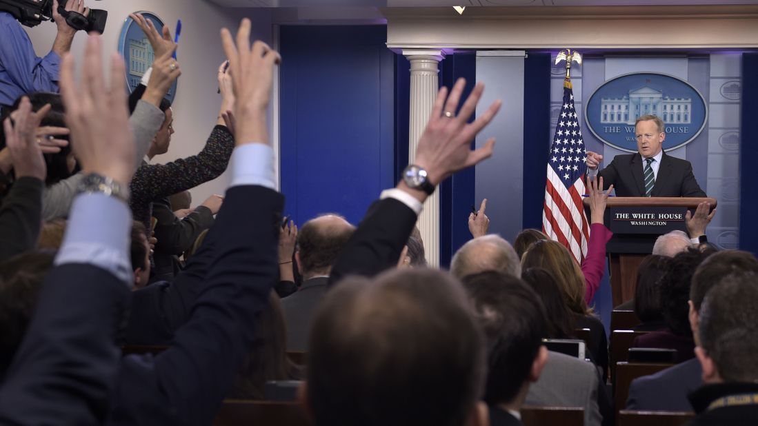 White House Press Secretary Sean Spicer calls on a reporter during the daily briefing at the White House on Wednesday, January 25. Spicer answered questions about immigration, homeland security and other topics.