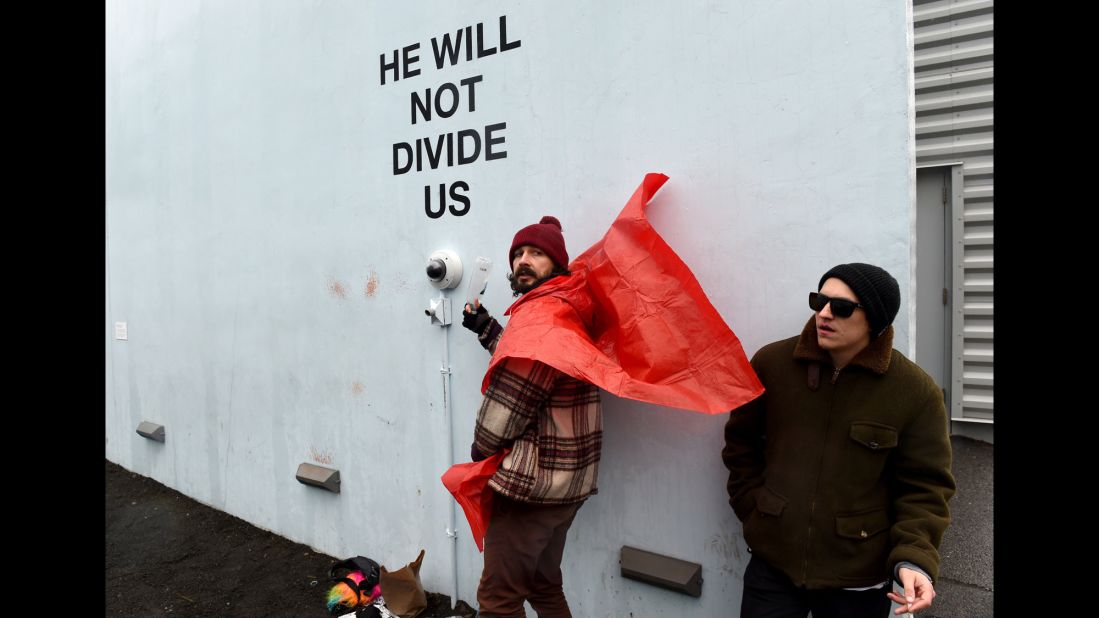 Actor and performance artist Shia LaBeouf live-streams his Trump protest in New York on Tuesday, January 24. He was charged with misdemeanor assault and a harassment violation <a href="http://www.cnn.com/2017/01/26/entertainment/shia-labeouf-arrested-trump-rally/index.html" target="_blank">after getting in a scuffle</a> with an anti-Trump protester.