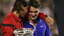Rafael Nadal consoles Roger Federer during the trophy presentation after beating the Swiss in the Australian Open in 2009