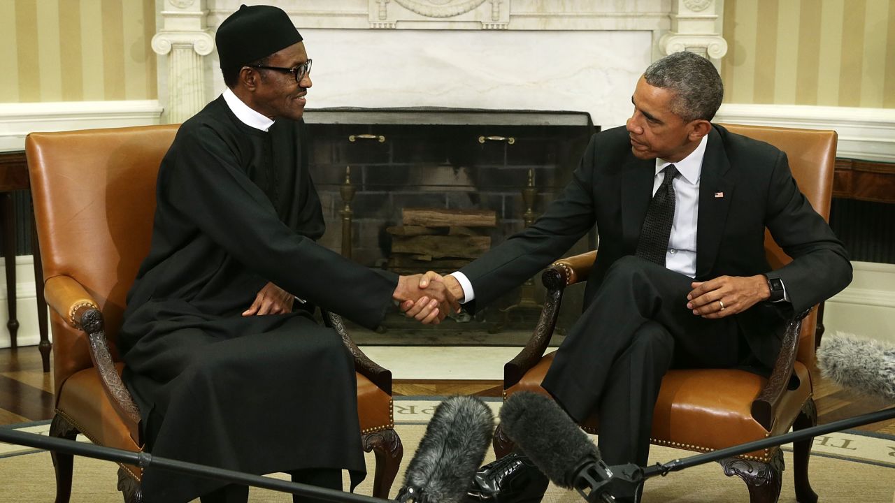 Buhari shakes hands with US President Barack Obama during a White House meeting in July 2015. The two leaders were expected to discuss various topics, including the fight against the Boko Haram terrorist group.