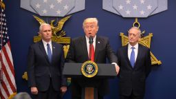 US President Donald Trump speaks the ceremonial swearing-in of James Mattis (R) as secretary of defense on January 27, 2016 at the Pentagon in Washington, DC.
The oath was administered by US Vice President Mike Pence (L) / AFP / MANDEL NGAN        (Photo credit should read MANDEL NGAN/AFP/Getty Images)