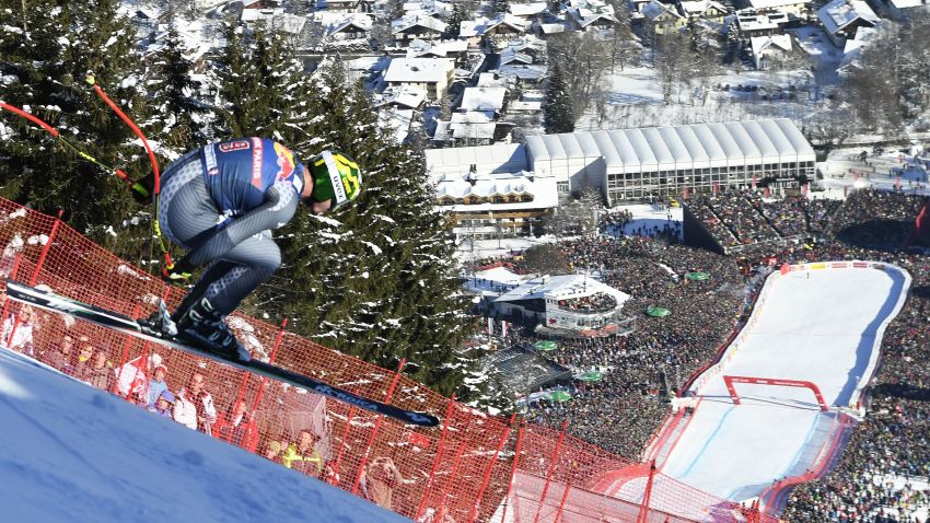 Italy's Dominik Paris competes during the FIS World Cup men's downhill race at Hahnenkamm in Kitzbuehel, Austria, on January 21, 2017.
Italy's Dominik Paris won ahead of France's Valentin Giraud Moine and French teammate Johan Clarey, third.  / AFP / APA / ROBERT JAEGER / Austria OUT        (Photo credit should read ROBERT JAEGER/AFP/Getty Images)