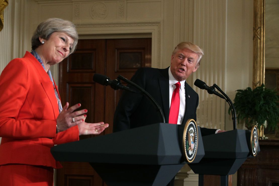 Theresa May and Donald Trump at a White House news conference.