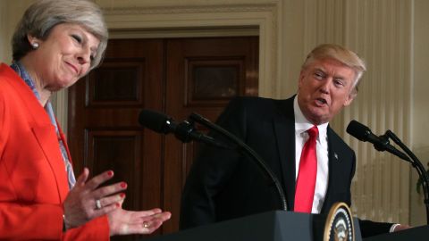Theresa May and Donald Trump at a White House news conference.
