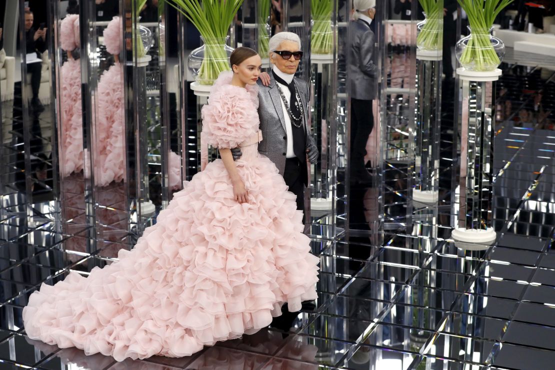 Karl Lagerfeld and Lily Rose Depp at the Chanel Spring-Summer 2017 Haute Couture show. 