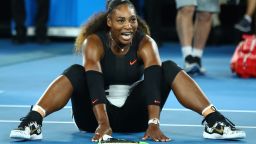 MELBOURNE, AUSTRALIA - JANUARY 28:  Serena Williams of the United States celebrates winning championship point in her Women's Singles Final match against Venus Williams of the United States on day 13 of the 2017 Australian Open at Melbourne Park on January 28, 2017 in Melbourne, Australia.  (Photo by Clive Brunskill/Getty Images)
