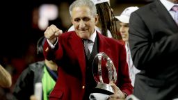 ATLANTA, GA - JANUARY 22: Atlanta Falcons owner Arthur Blank holds the George Halas trophy after defeating the Green Bay Packers in the NFC Championship Game at the Georgia Dome on January 22, 2017 in Atlanta, Georgia. The Falcons defeated the Packers 44-21. (Photo by Streeter Lecka/Getty Images)