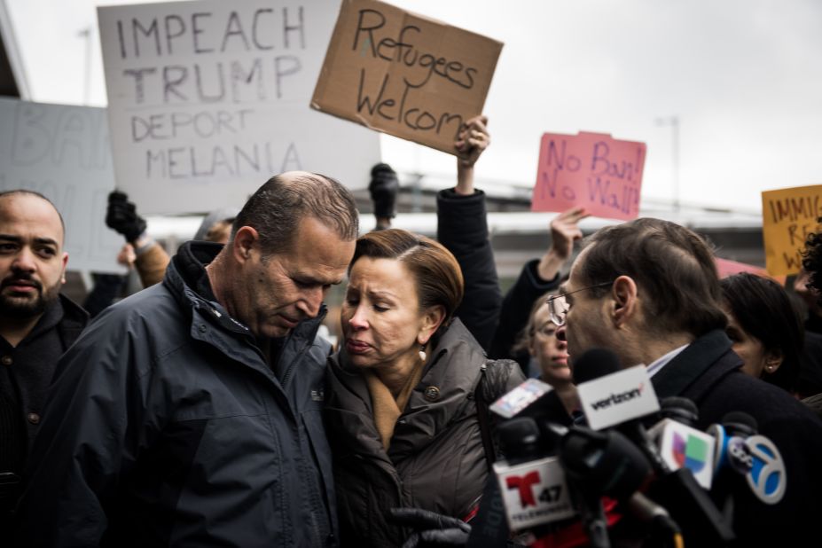 Hameed Khalid Darweesh, left, during a press conference with Congresswoman Nydia Velazquez on Saturday, January 28, at New York's John F. Kennedy International Airport. Darweesh has worked with the US military in Iraq and was granted a visa to come to the US but was detained upon arrival. He was released Saturday afternoon, but <a href="http://www.cnn.com/2017/01/29/politics/immigration-crisis-what-we-know/index.html" target="_blank">many other recent arrivals are still being detained</a>.  See the<a href="http://www.cnn.com/interactive/2017/01/politics/immigration-ban-stories/" target="_blank"> faces of those affected by President Trump's travel ban</a>. 