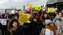 Protestors rally against the Muslim immigration ban at John F. Kennedy International Airport on January 28, 2017 in New York City. President Trump singed the controversial executive order that halted refugees and residents from predominantly Muslim countries from entering the United States.