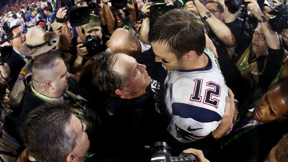 Brady celebrates with Belichick after defeating the Seattle Seahawks 28-24 in Super Bowl XLIX in 2015.