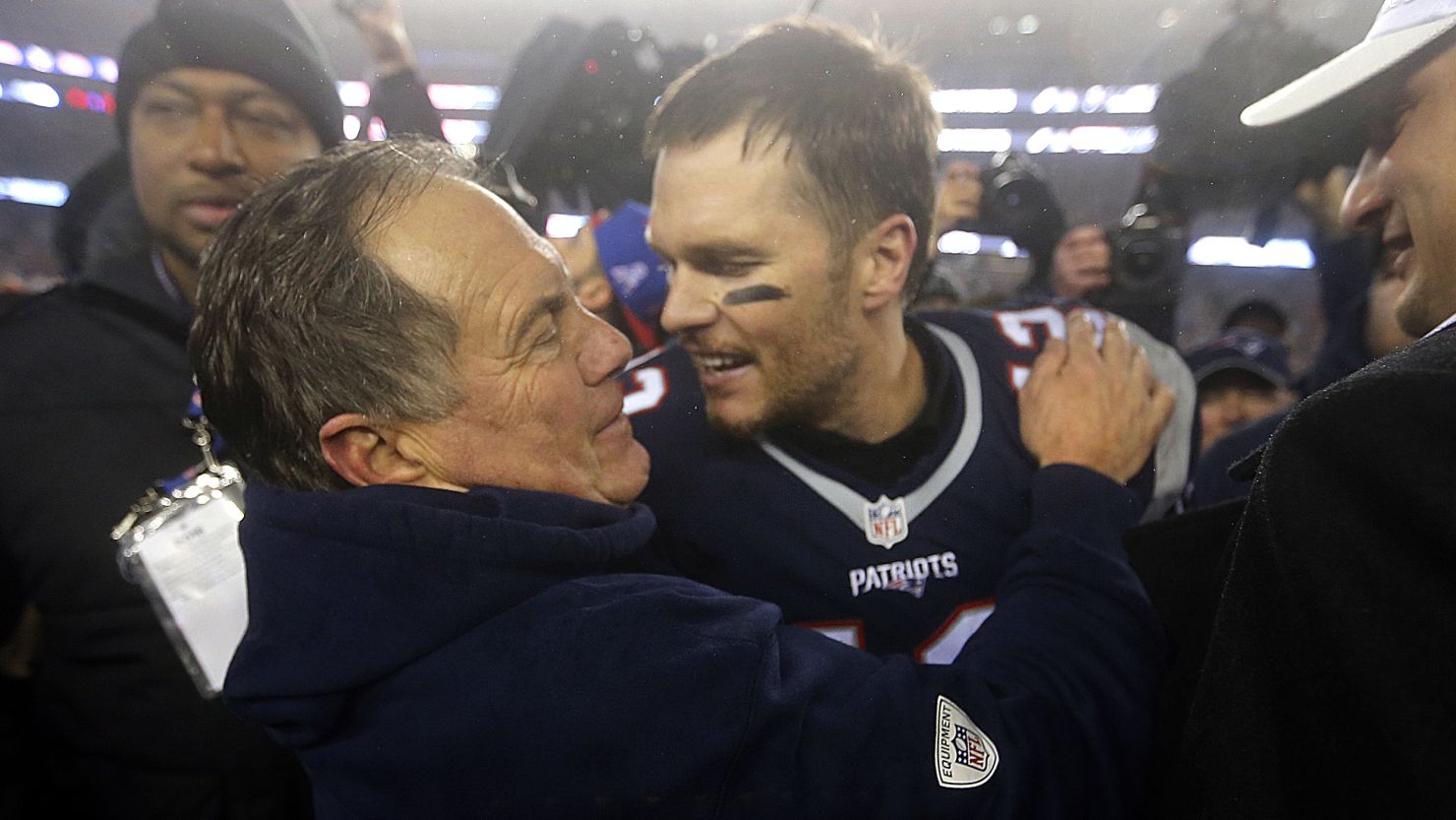 New England Patriots head coach Bill Belichick and quarterback Tom Brady celebrate after advancing to Super Bowl LI.