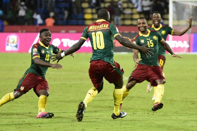 Cameroon's players celebrate after winning the penalty shootout against Senegal in Franceville.