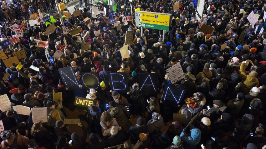 Protesters assemble at John F. Kennedy International Airport in New York, Saturday, Jan. 28, 2017, after earlier in the day two Iraqi refugees were detained while trying to enter the country. On Friday, Jan. 27, President Donald Trump signed an executive order suspending all immigration from countries with terrorism concerns for 90 days. Countries included in the ban are Iraq, Syria, Iran, Sudan, Libya, Somalia and Yemen, which are all Muslim-majority nations. (AP Photo/Craig Ruttle)