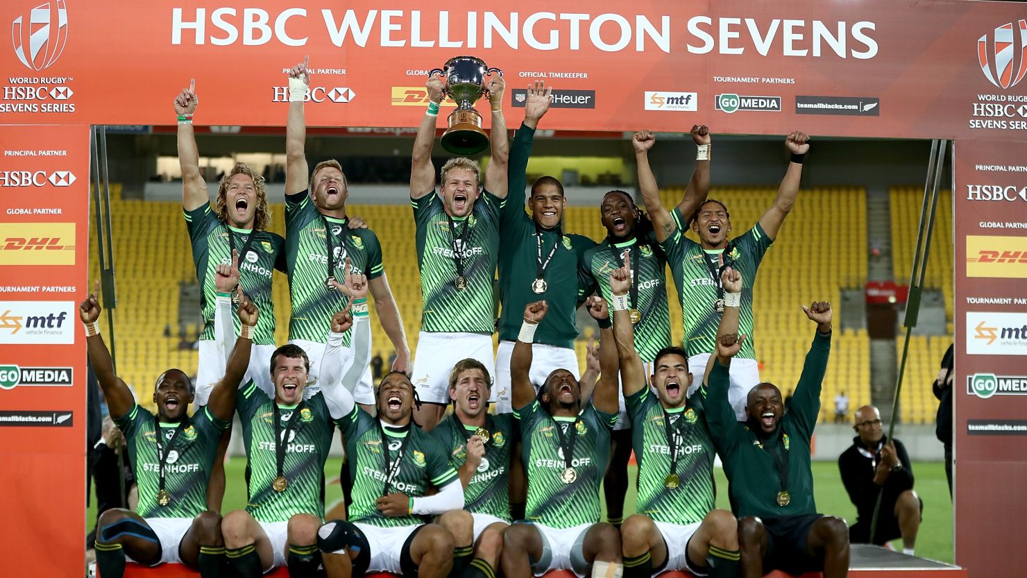 South Africa celebrates its victory over Fiji in the final of the Wellington Sevens at the Westpac Stadium.