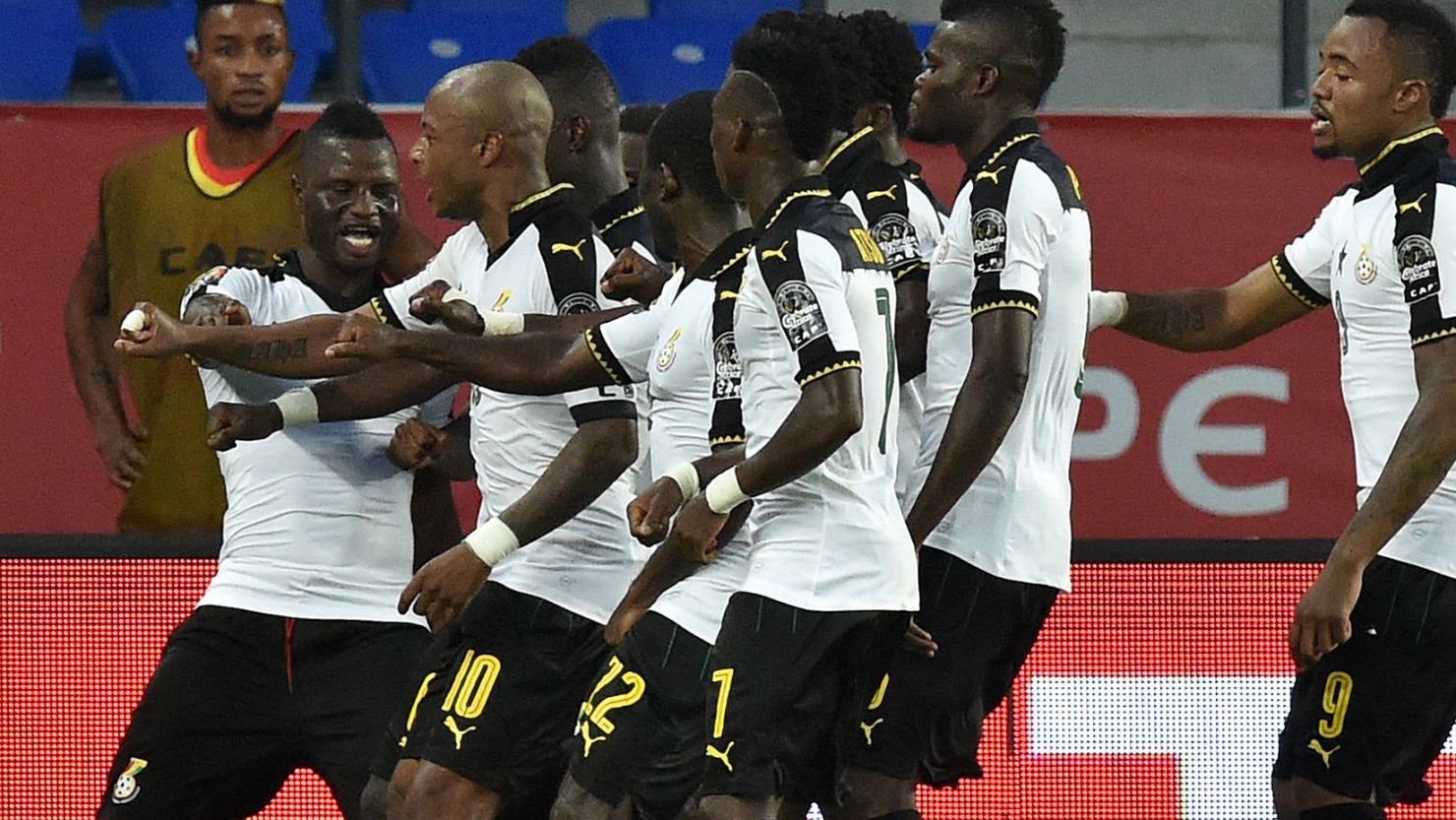 The Ghana players celebrate as goals from Jordan and Andre Ayew take them into the semifinals of the Africa Cup of Nations with a 2-1 win over DR Congo in Oyem.