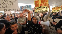 Protesters gather at San Francisco International Airport to denounce President Donald Trump's executive order that bars citizens of seven predominantly Muslim nations from entering the U.S. Saturday, Jan. 28, 2017, in San Francisco. (AP Photo/Marcio Jose Sanchez)