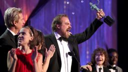 LOS ANGELES, CA - JANUARY 29: (L-R) Actors Millie Bobby Brown, Matthew Modine, David Harbour, Gaten Matarazzo and  Caleb McLaughlin, accepting the award for Ensemble in a Drama Series, during The 23rd Annual Screen Actors Guild Awards at The Shrine Auditorium on January 29, 2017 in Los Angeles, California. 26592_012  (Photo by Christopher Polk/Getty Images for TNT)