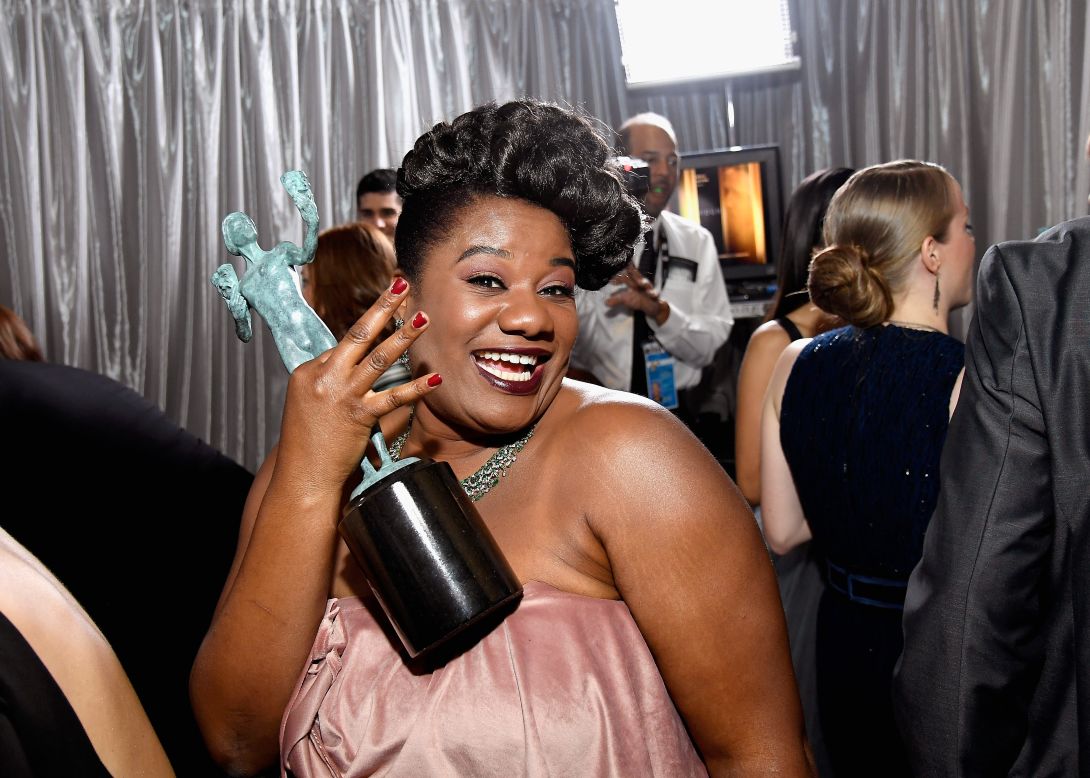 Adrienne C. Moore, part of the cast of the show "Orange Is the New Black," poses in the press room. The cast won the award for Outstanding Performance by an Ensemble in a Comedy Series.