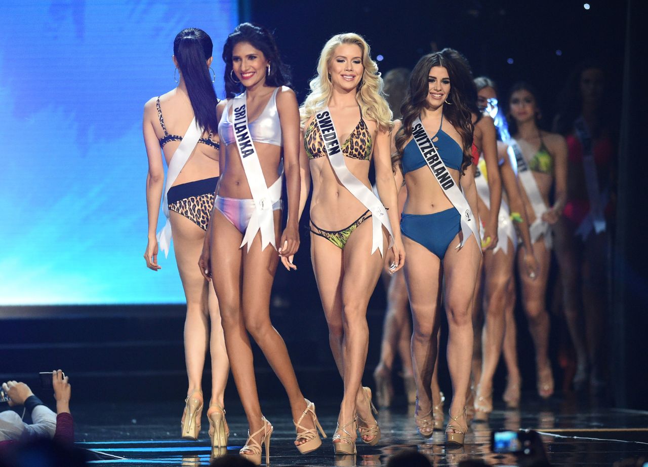 Miss Universe contestants in their swimsuits during the preliminary competition.