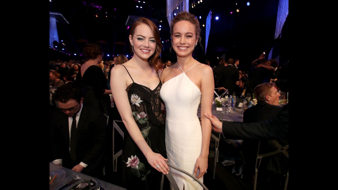 Emma Stone, left, and Brie Larson pose for a photo. Stone won Outstanding Performance by a Female Actor in a Leading Role ("La La Land").