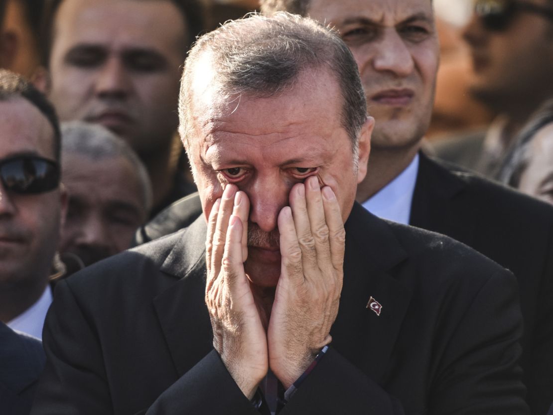President Erdogan attends the funeral of a victim of the coup attempt in Istanbul on July 17, 2016.