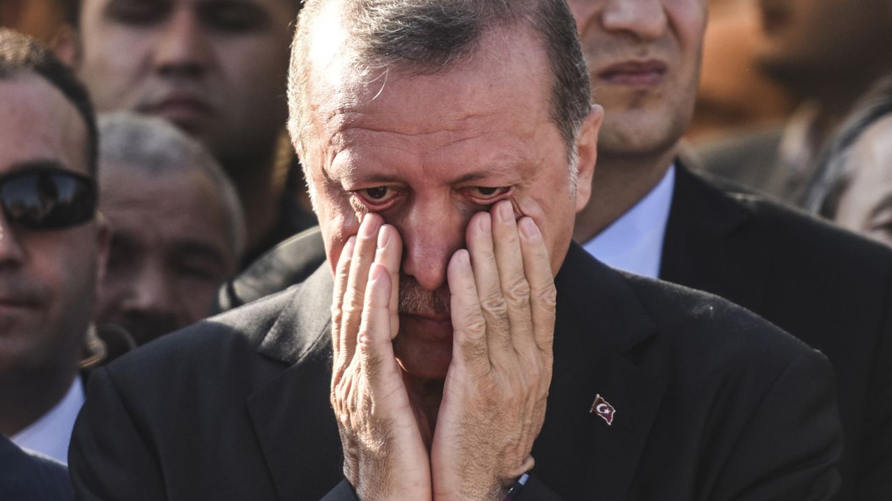 President Erdogan attends the funeral of a victim of the coup attempt in Istanbul on July 17, 2016.