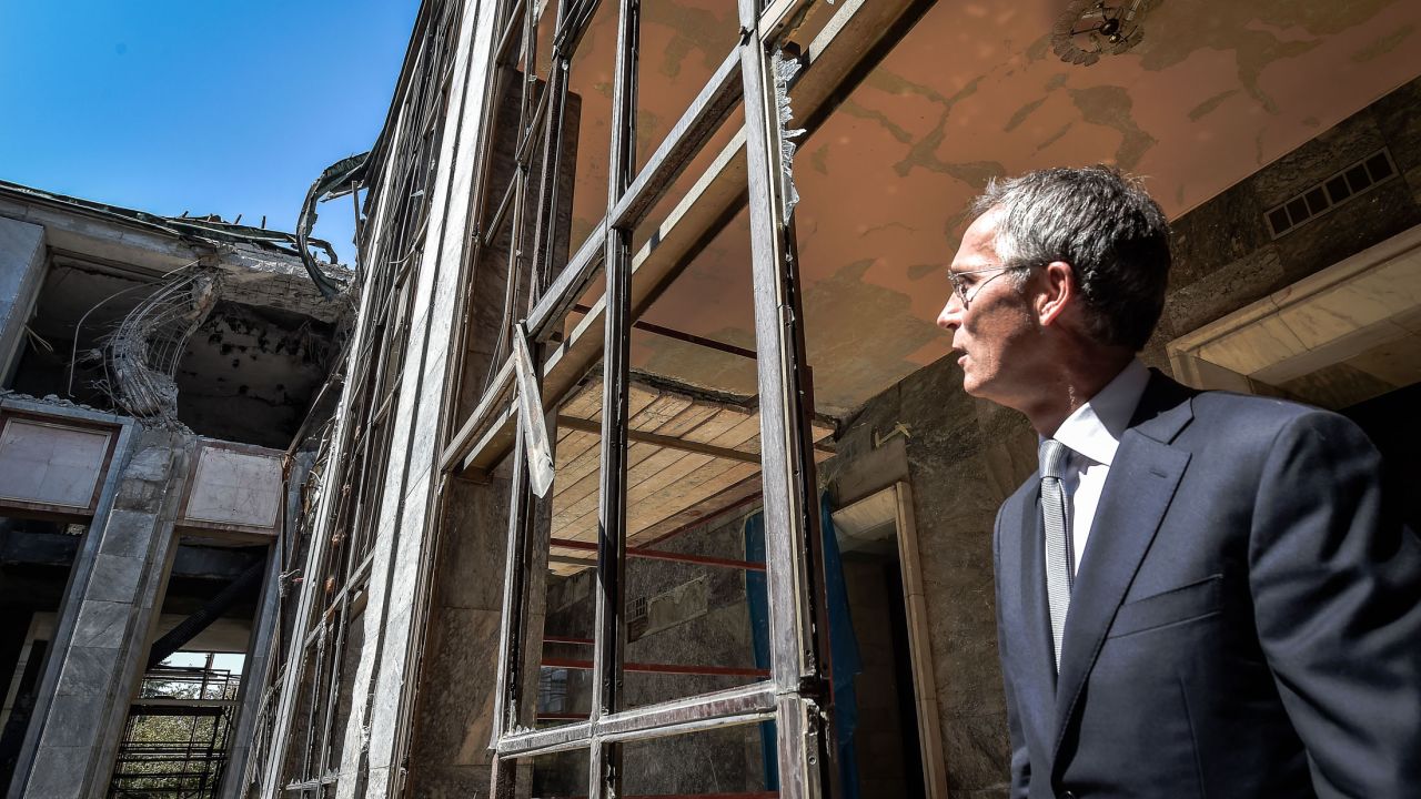 NATO Secretary General Jens Stoltenberg, in September 2016, visits the Turkish Grand National Assembly, damaged during the June 2016 coup attempt.