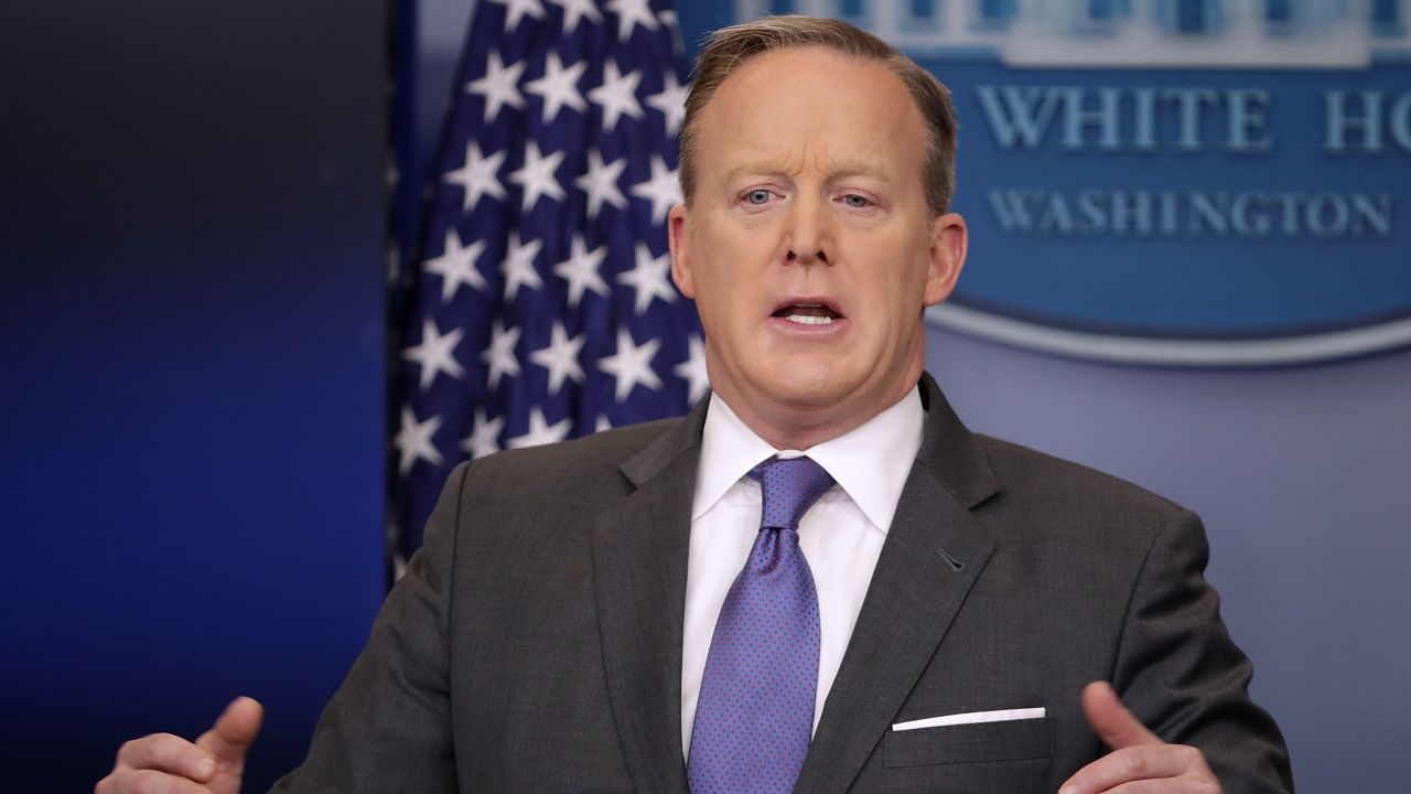 White House Press Secretary Sean Spicer reacts to reporters' questions in the Brady Press Briefing Room at the White House January 30, 2017 in Washington, DC.