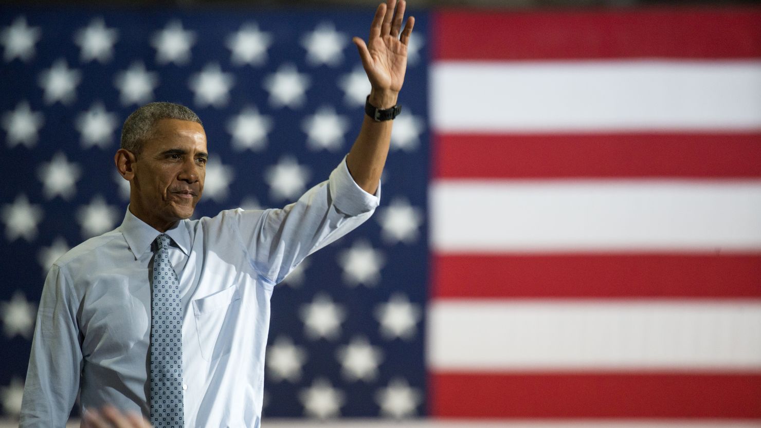 President Barack Obama waves to the crowd after speaking during a campaign event for Hillary Clinton at Capital University on November 1, 2016 in Columbus, Ohio.