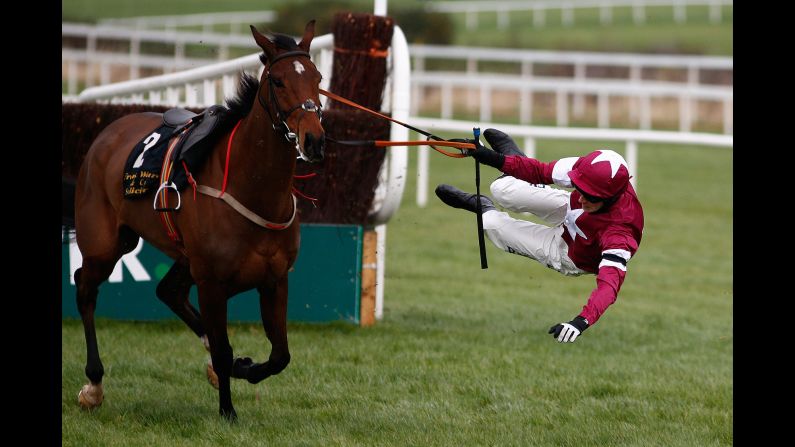 David Mullins falls off Identity Thief during a steeplechase in Dublin, Ireland, on Sunday, January 29.