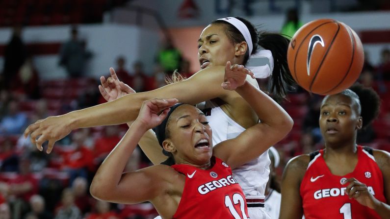 South Carolina's Doniyah Cliney battles Georgia's Haley Clark for a rebound during a college basketball game in Athens, Georgia, on Thursday, January 26.