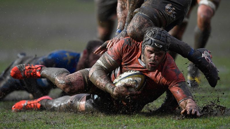 Will Welch, captain for the Newcastle Falcons, is stopped just short of the line during an Anglo-Welsh Cup match against the Newport Gwent Dragons on Sunday, January 29.