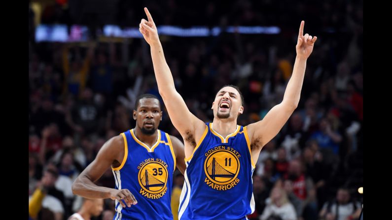 Golden State's Klay Thompson celebrates after hitting a late shot against Portland on Sunday, January 29. Thompson and the Warriors won 113-111.