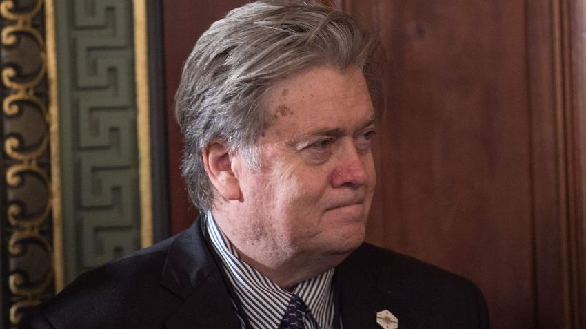 White House chief strategist Steve Bannon attends the swearing in of Nikki Haley as US ambassador to the United Nations in the Vice President's Ceremonial Office at the Eisonhower Executive Office Building on January 25, 2017 in Washington, DC.