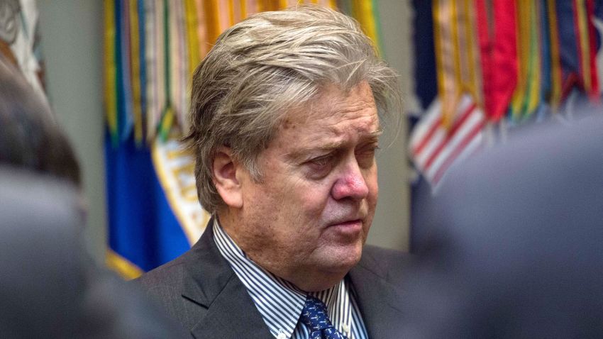 President Donald Trump's Senior Counselor Steve Bannon waits for the start of Trump's meeting with business leaders in the Roosevelt Room at the White House in Washington, DC, on January 23, 2017.